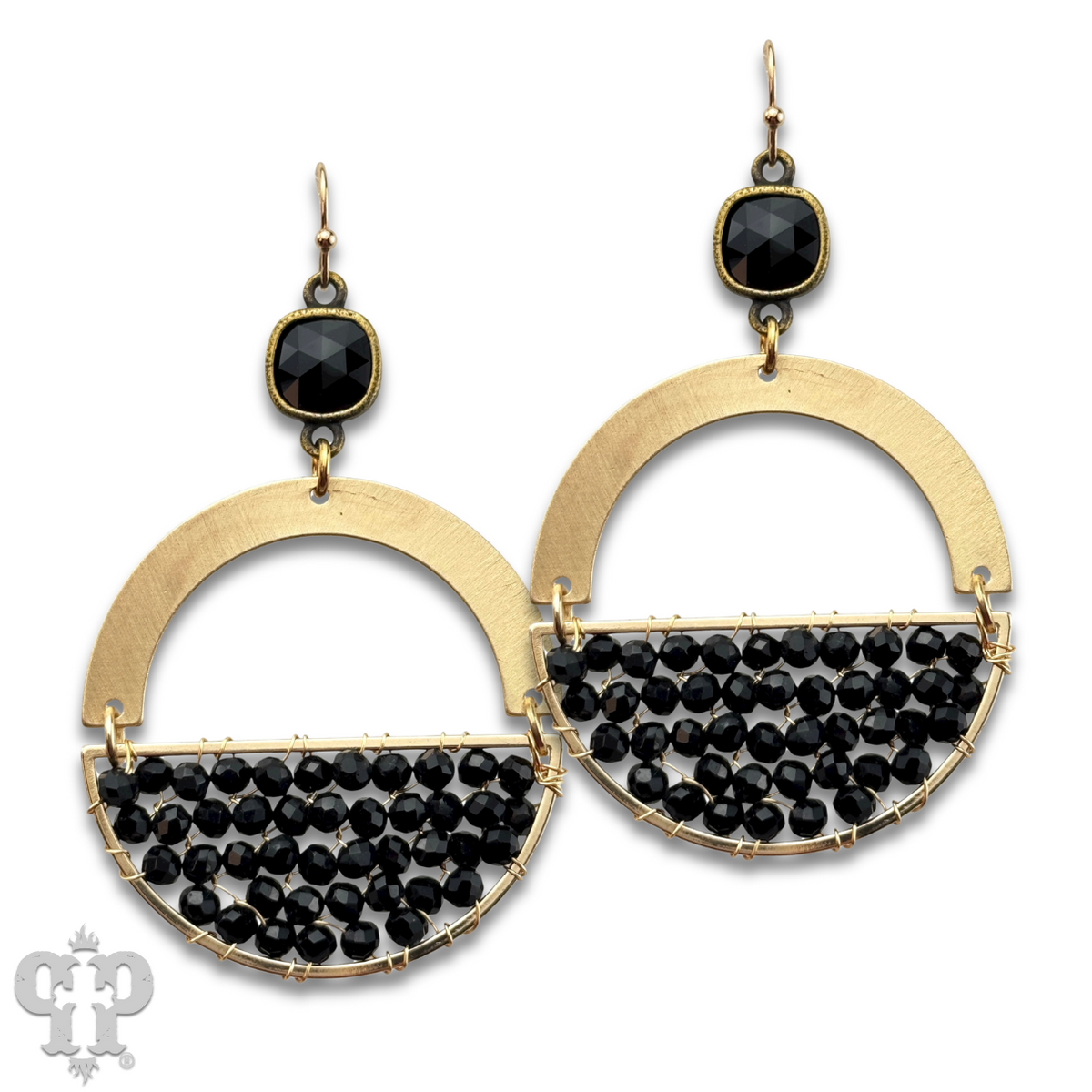 Gold beaded half circle earring with crystals from Swarovski®- LC