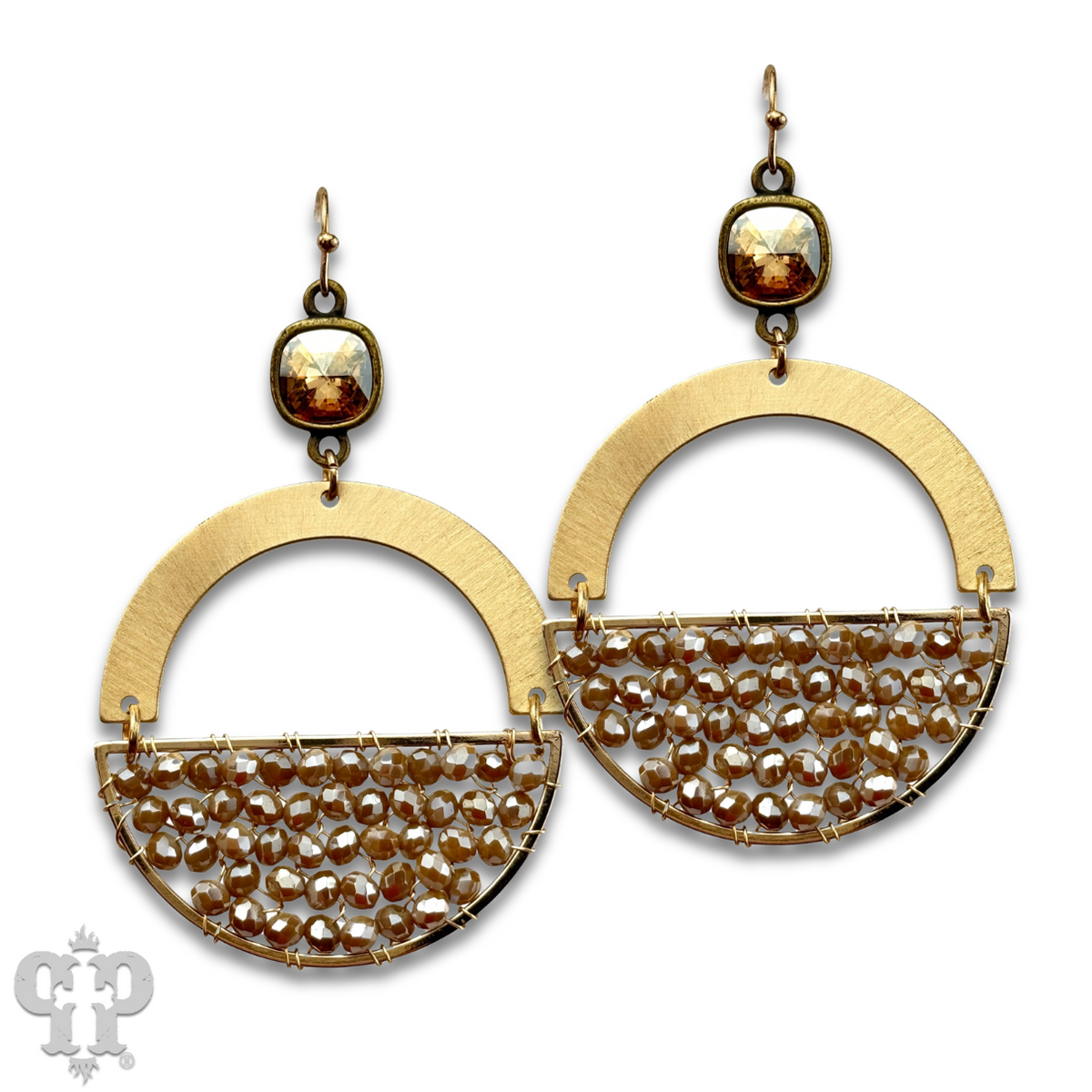 Gold beaded half circle earring with crystals from Swarovski®- LC