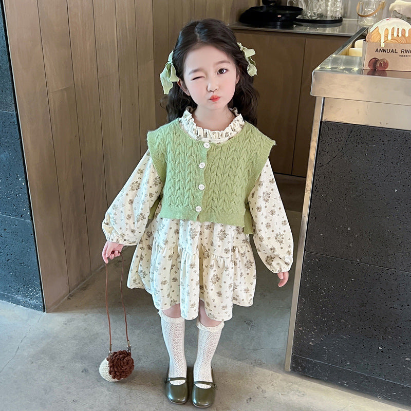 Girls Floral-print Dress And Vest Two-piece Set