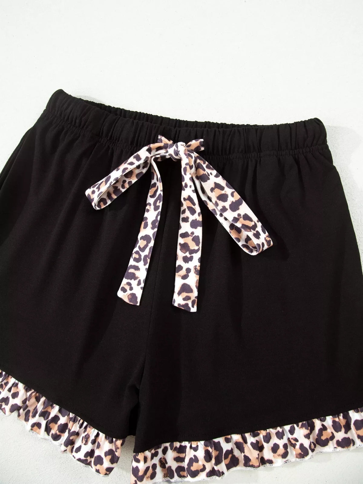 k Leopard Patchwork Trim Lapel Shirt Drawstring Shorts 2pcs Pajama Set