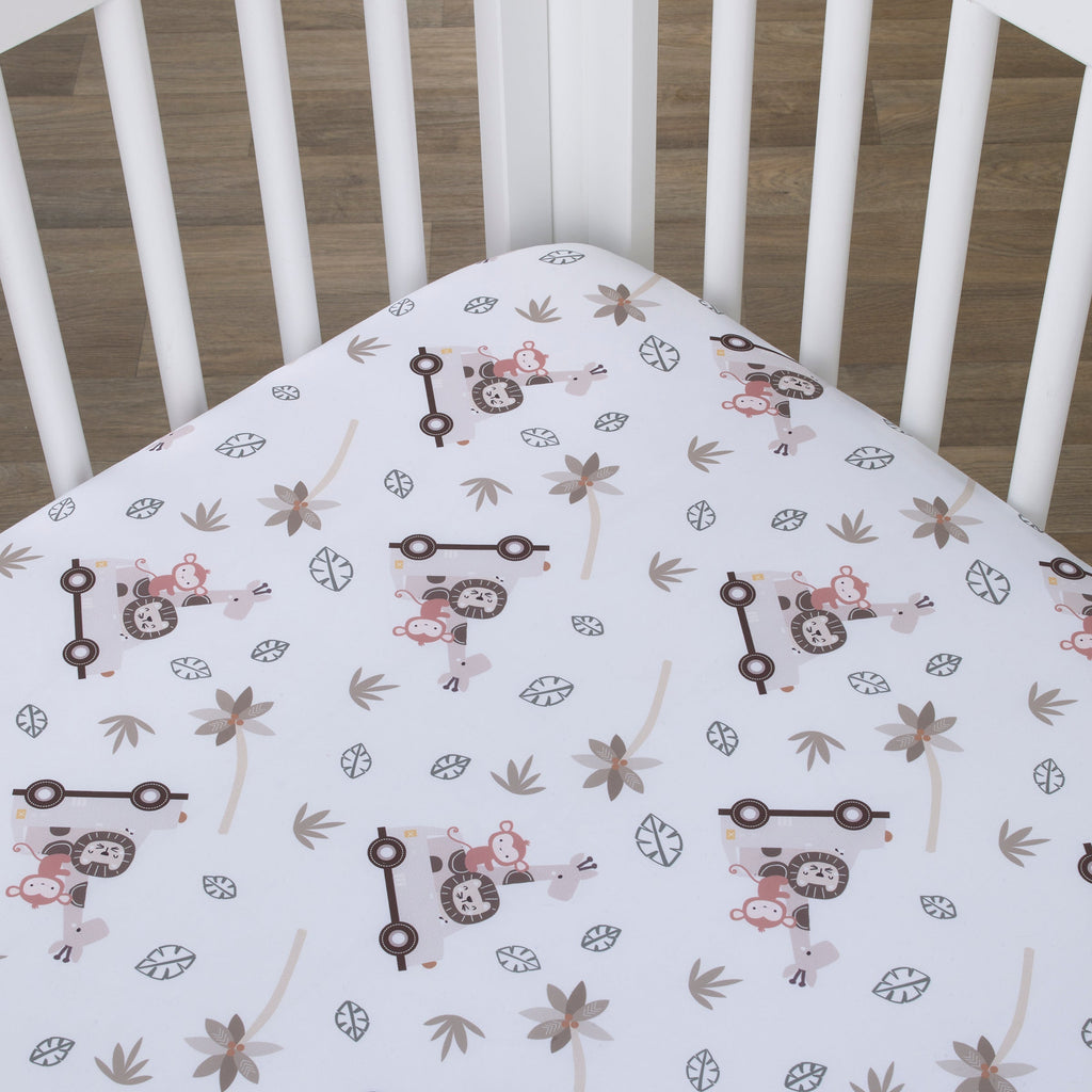 Jungle Ride Grey, White and Tan, Monkey, Giraffe and Lion Super Soft Fitted Crib Sheet