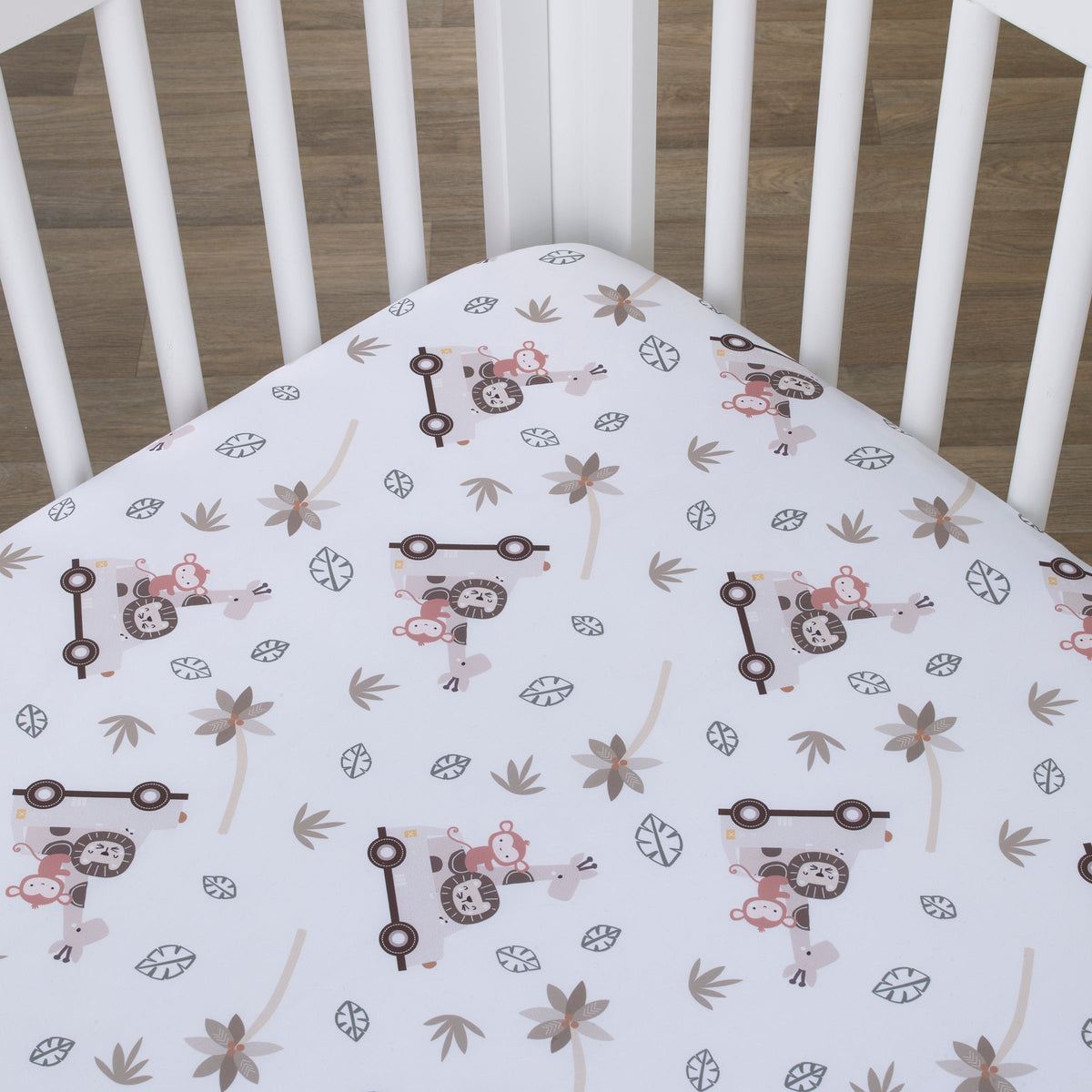 Jungle Ride Grey, White and Tan, Monkey, Giraffe and Lion Super Soft Fitted Crib Sheet
