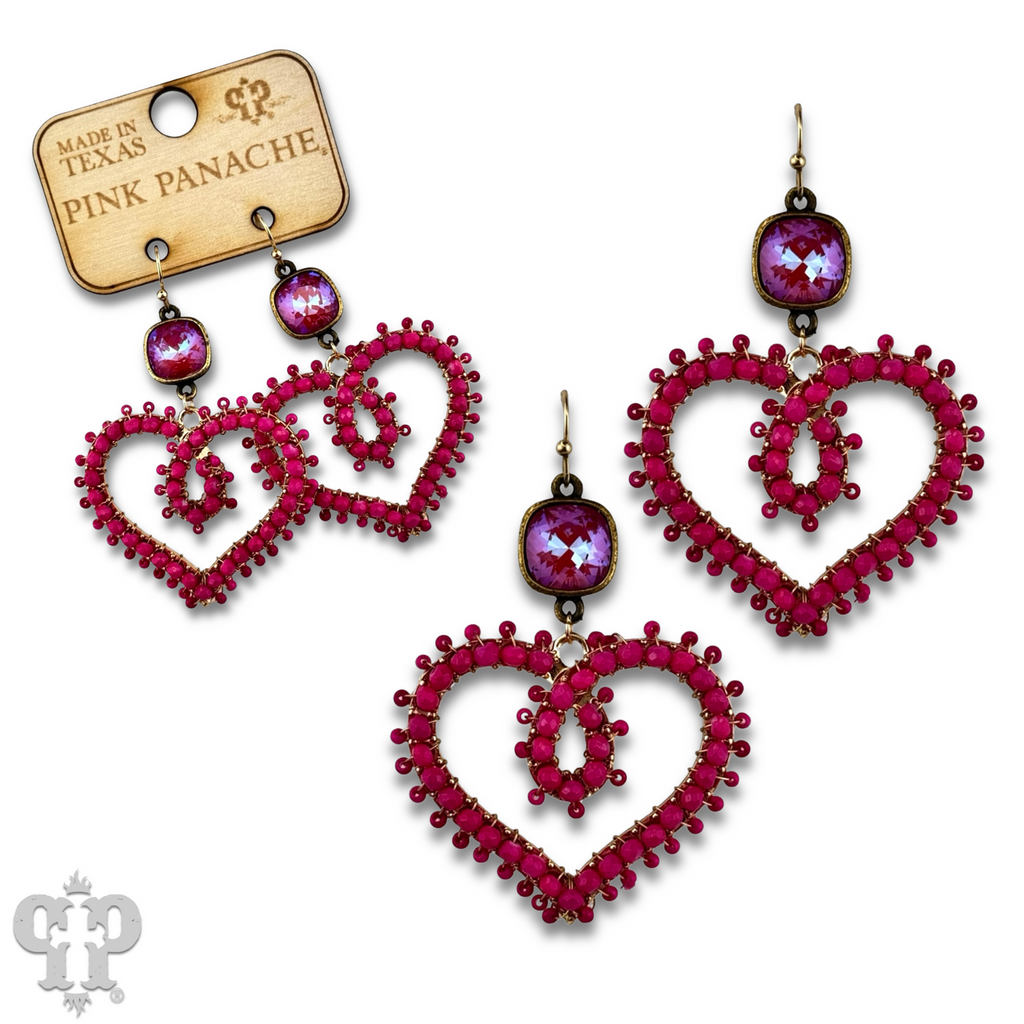 Bead wrapped scroll heart earrings with crystals from Swarovski®
