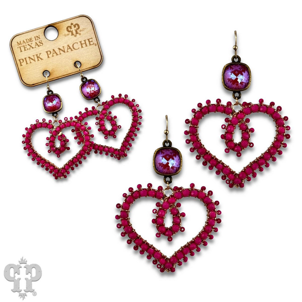 Bead wrapped scroll heart earrings with crystals from Swarovski®