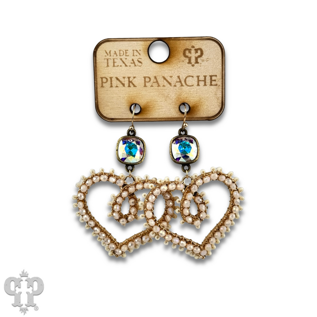 Bead wrapped scroll heart earrings with crystals from Swarovski®