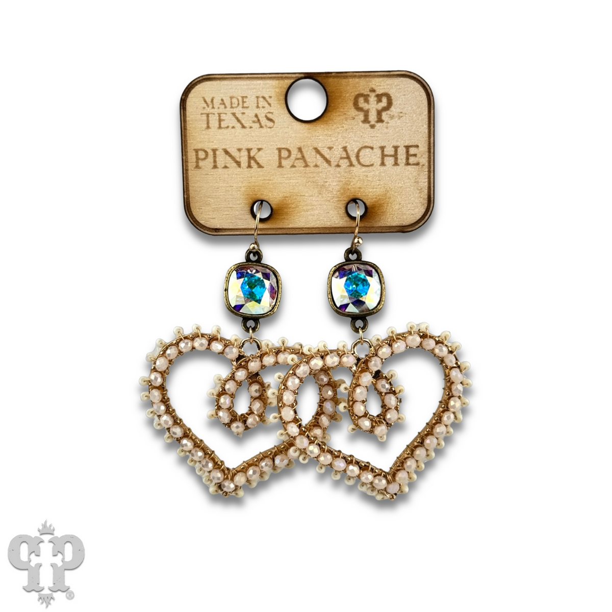 Bead wrapped scroll heart earrings with crystals from Swarovski®