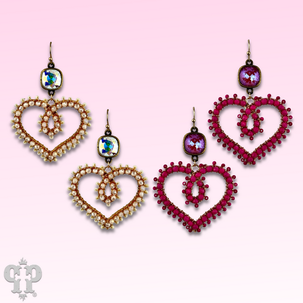 Bead wrapped scroll heart earrings with crystals from Swarovski®