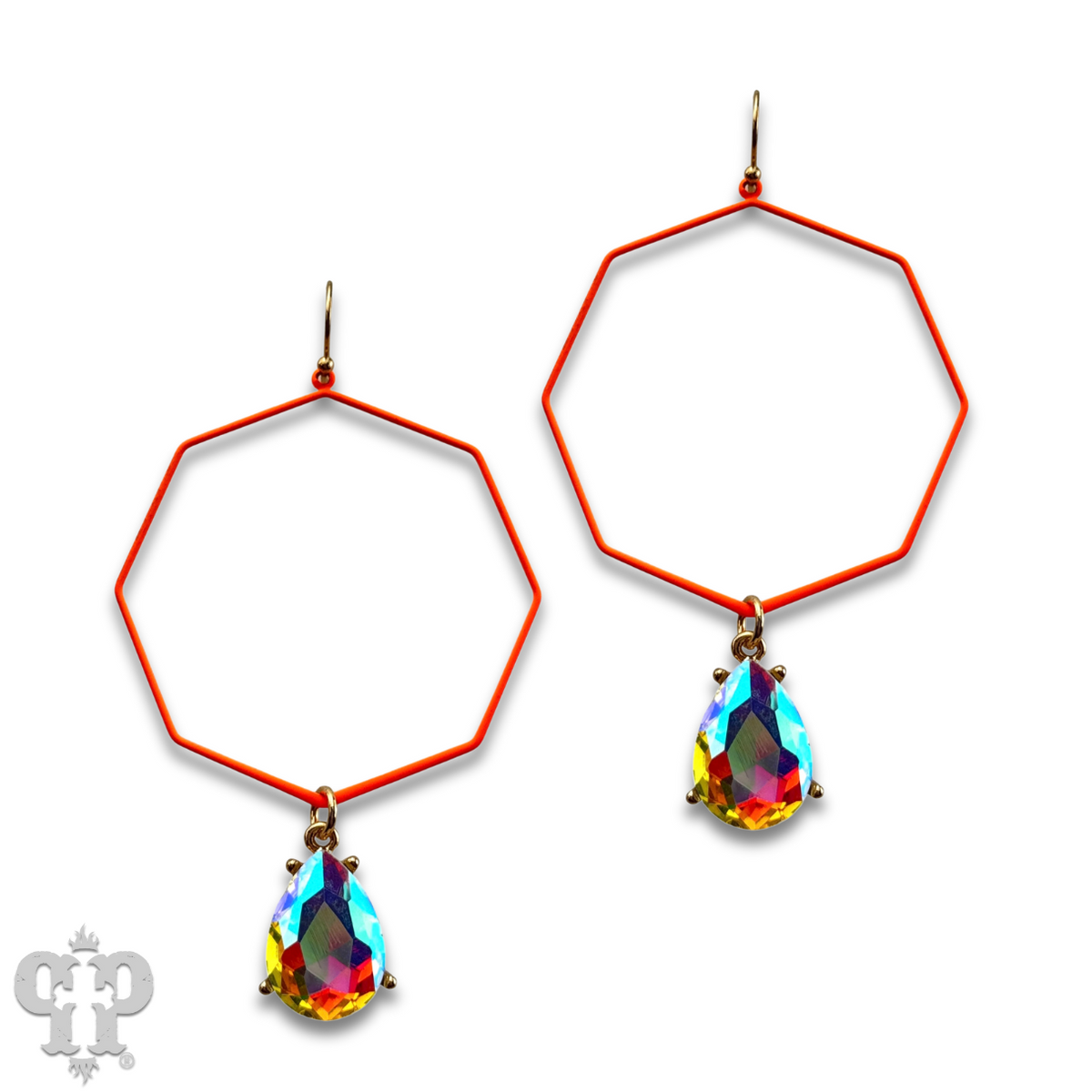 Neon octagon earring with rhinestone teardrop charm