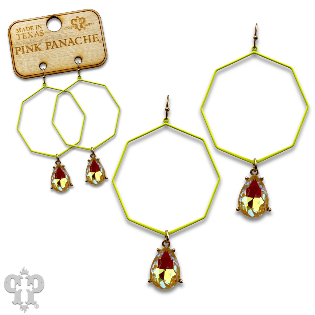 Neon octagon earring with rhinestone teardrop charm