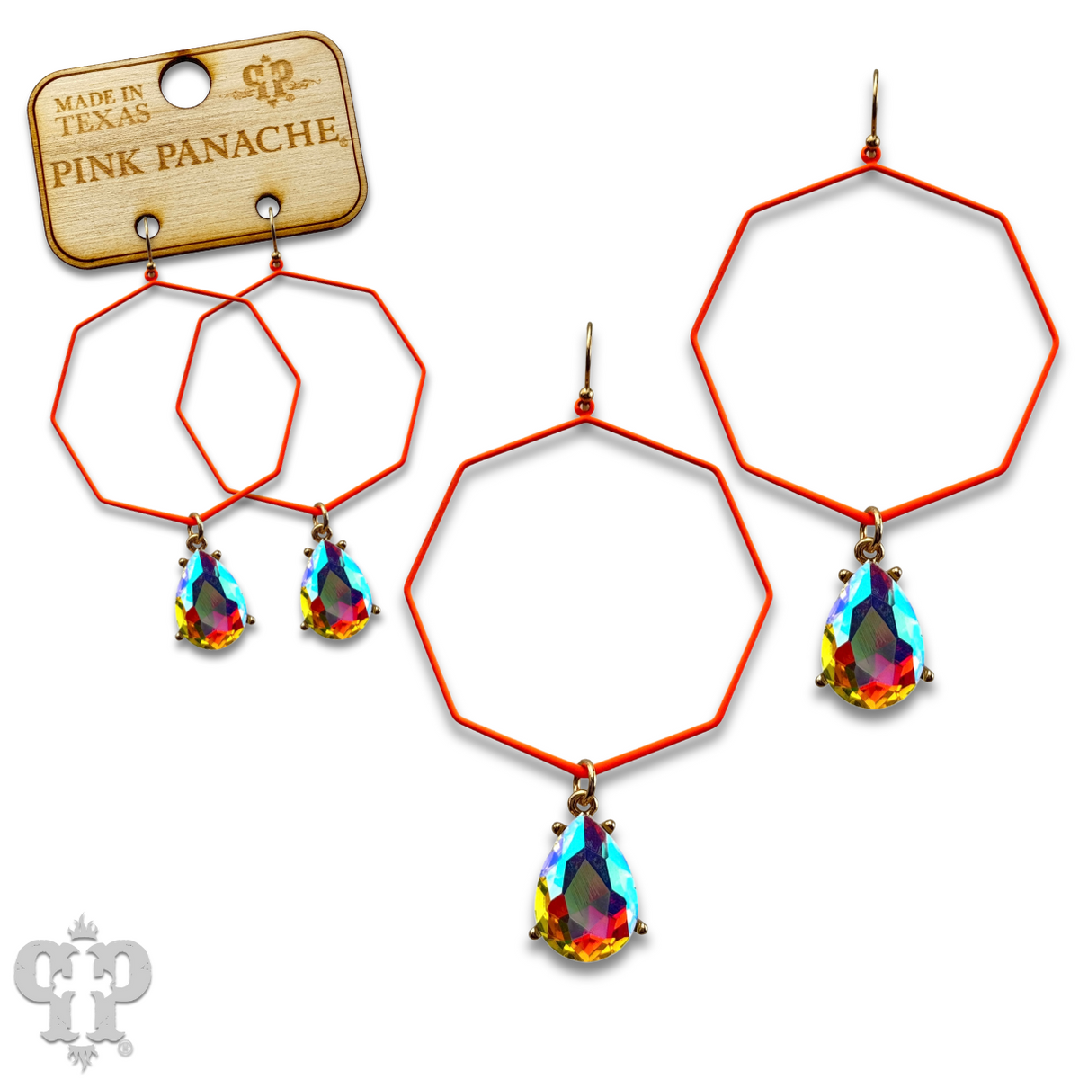 Neon octagon earring with rhinestone teardrop charm