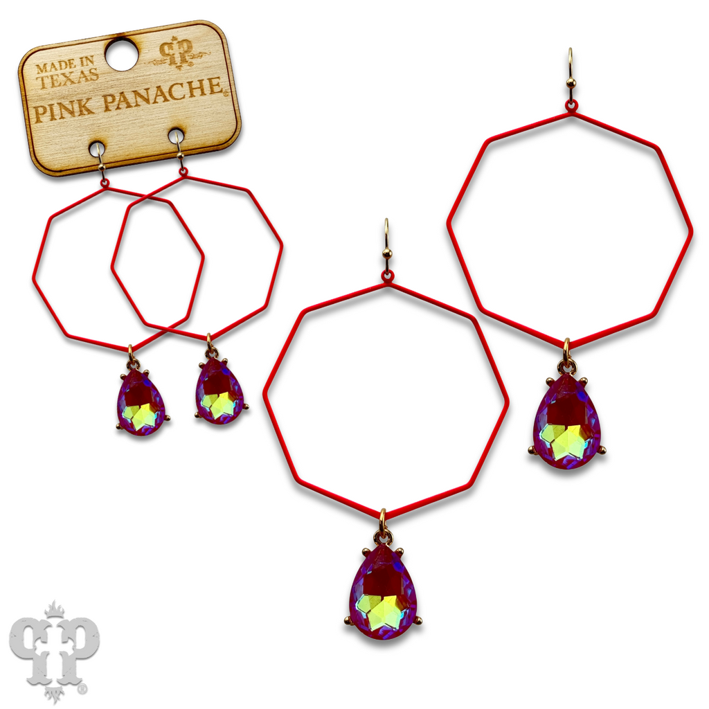 Neon octagon earring with rhinestone teardrop charm