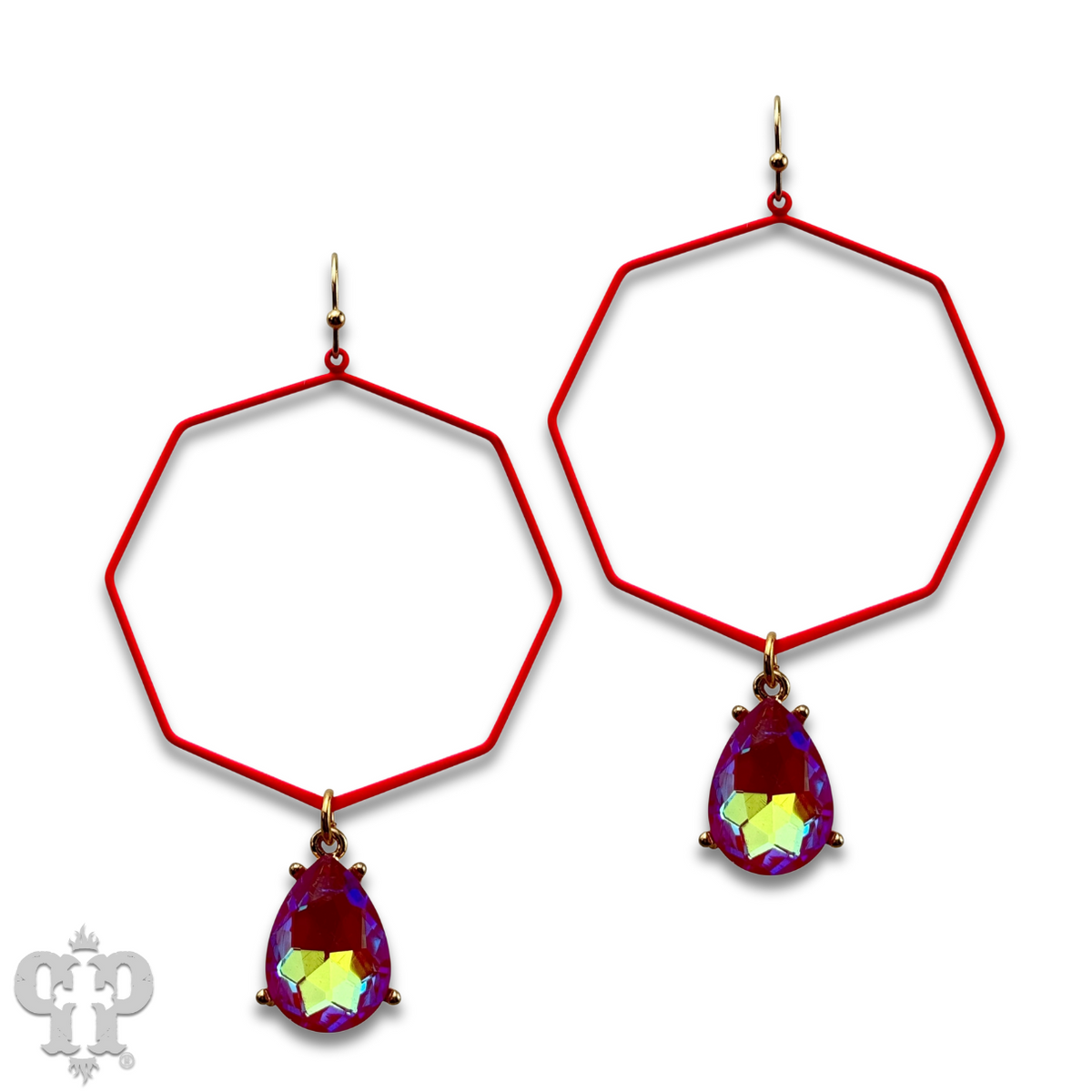 Neon octagon earring with rhinestone teardrop charm