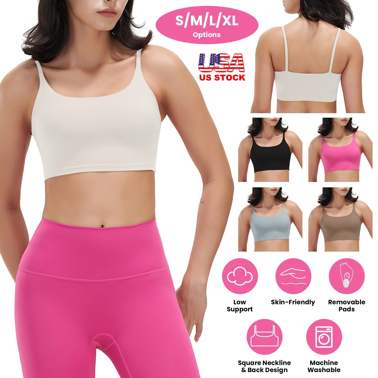 Women Sport Bras with Removable Pads, Low-Impact Square Neck