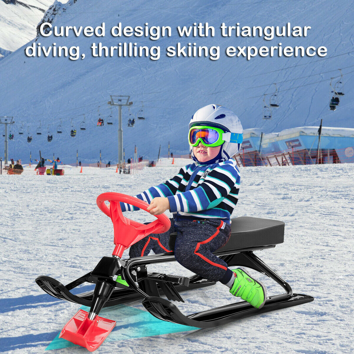Kids Snow Sand Grass Sled w/ Steering Wheel and Brakes