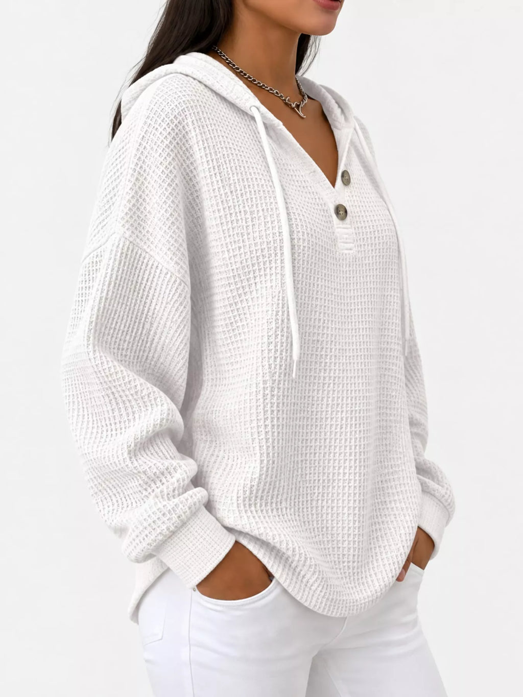 Full Size Waffle Knit Button Detail Hoodie Plus Size