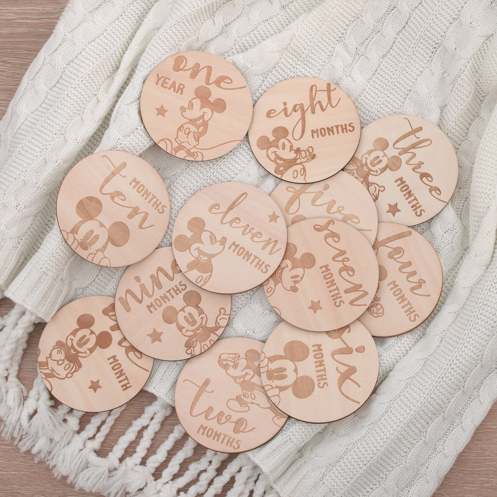 Mickey Mouse Natural Wood Tone, 12 Piece Wooden Engraved Milestone Cards