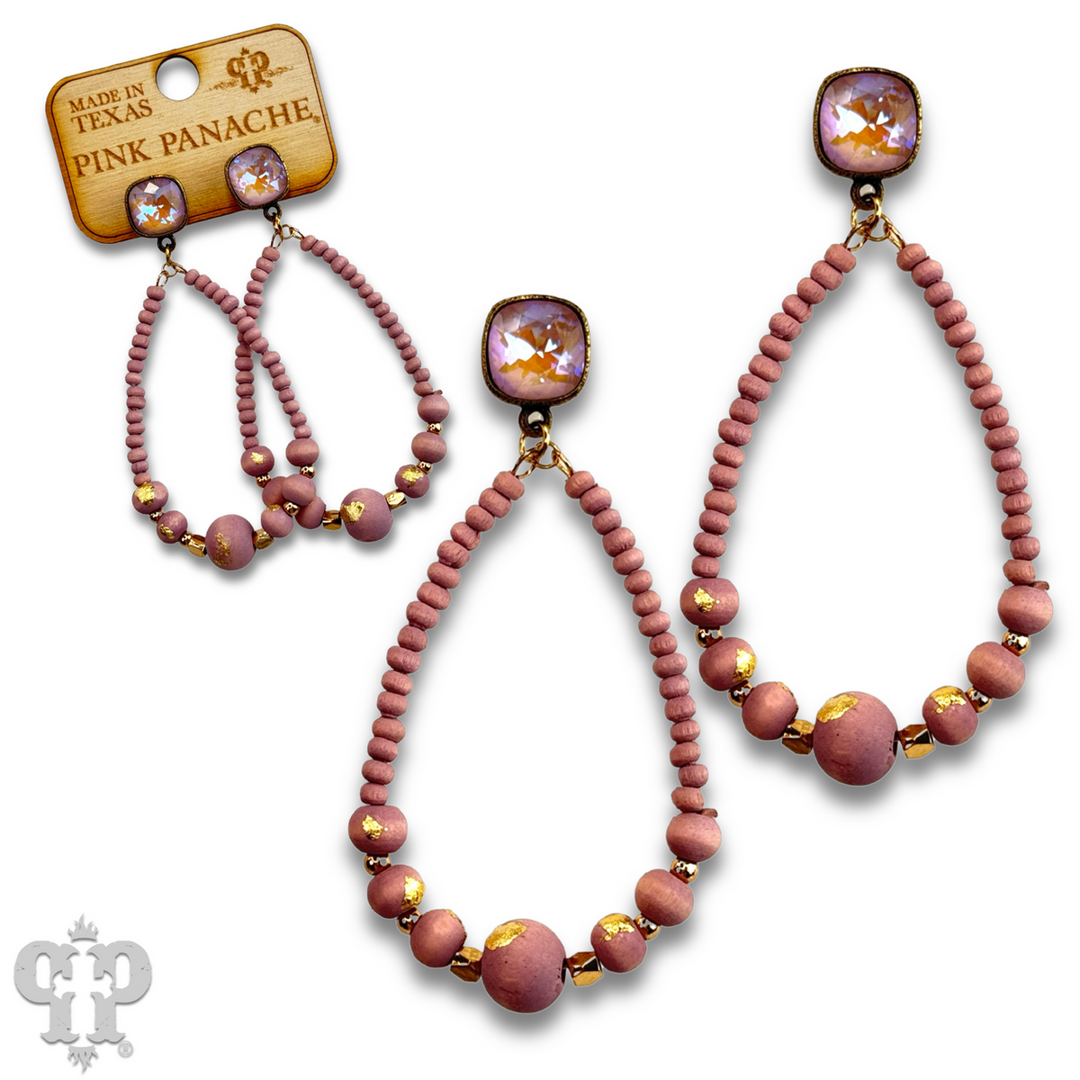 Graduated wood bead teardrop earring with crystals from Swarovski® - LC