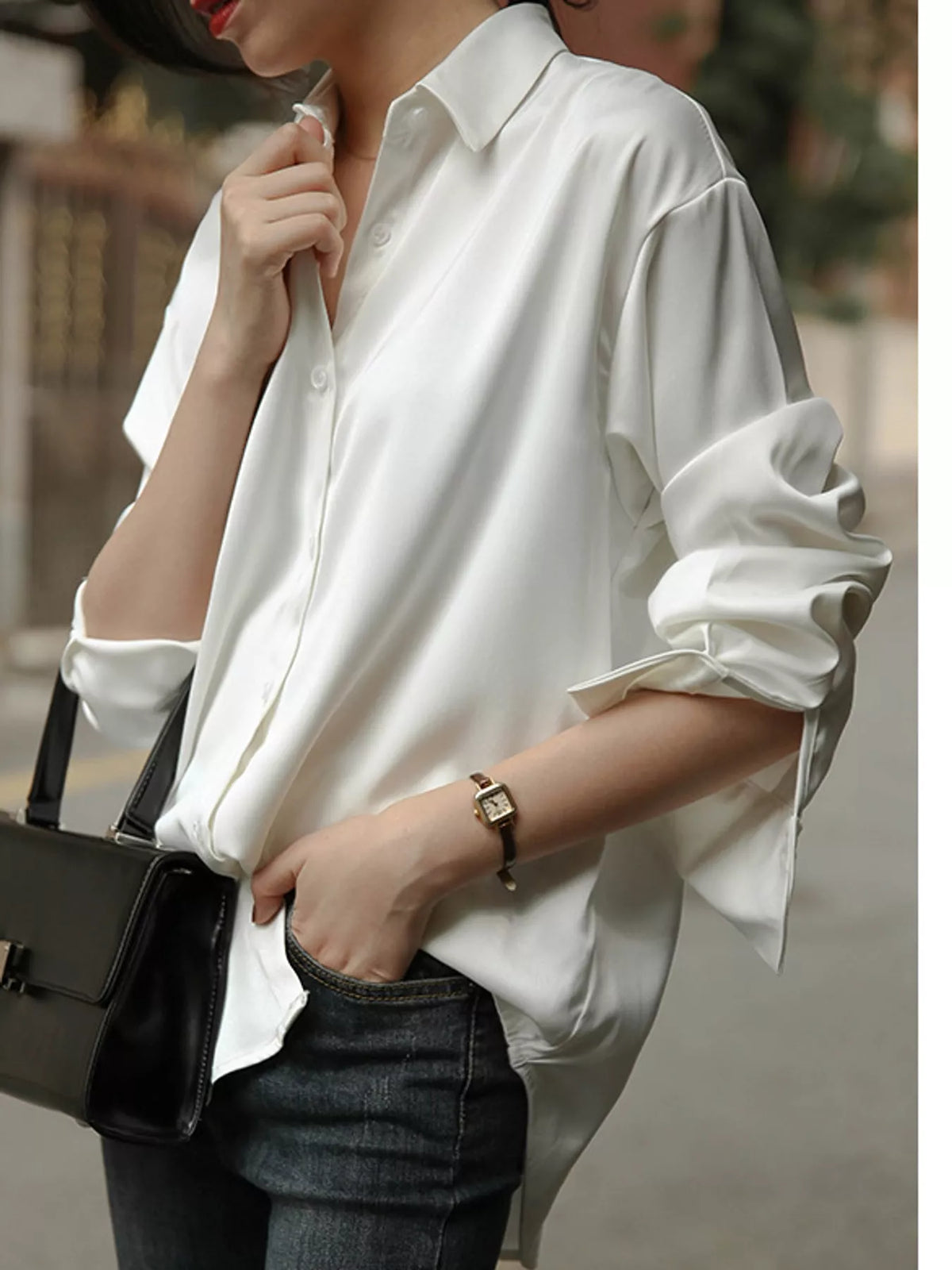 Satin Button-Down Long Sleeve Shirt