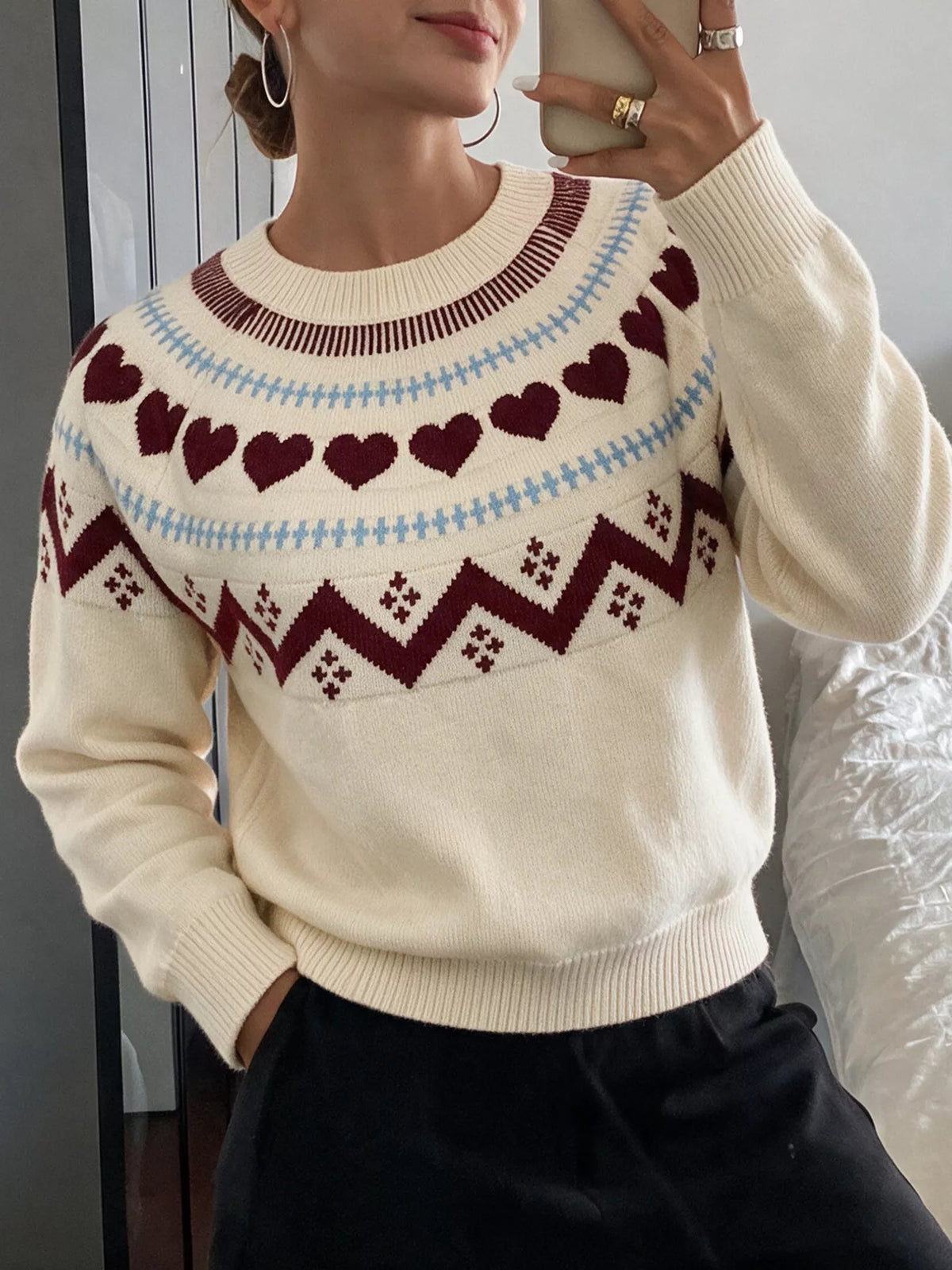Heart-Patterned Crew Neck Sweater