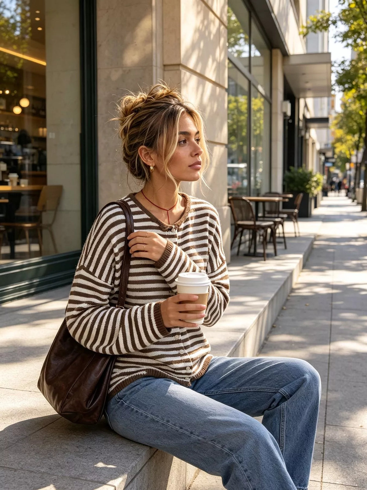 Striped Button-Down Knit Cardigan