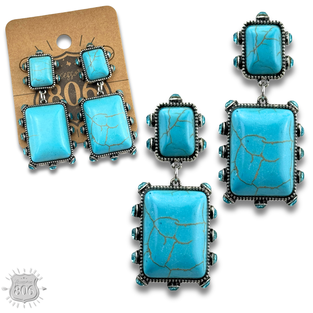 Turquoise and rhinestone double stone rectangle earring