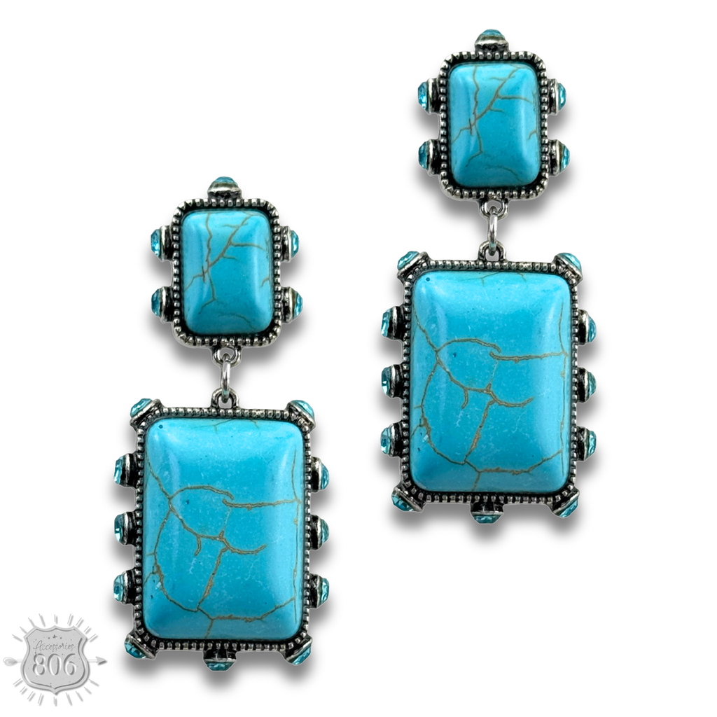 Turquoise and rhinestone double stone rectangle earring