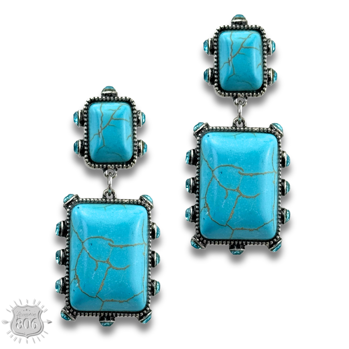 Turquoise and rhinestone double stone rectangle earring