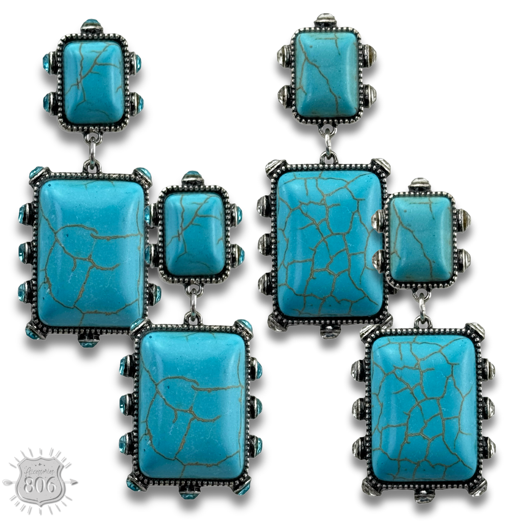 Turquoise and rhinestone double stone rectangle earring