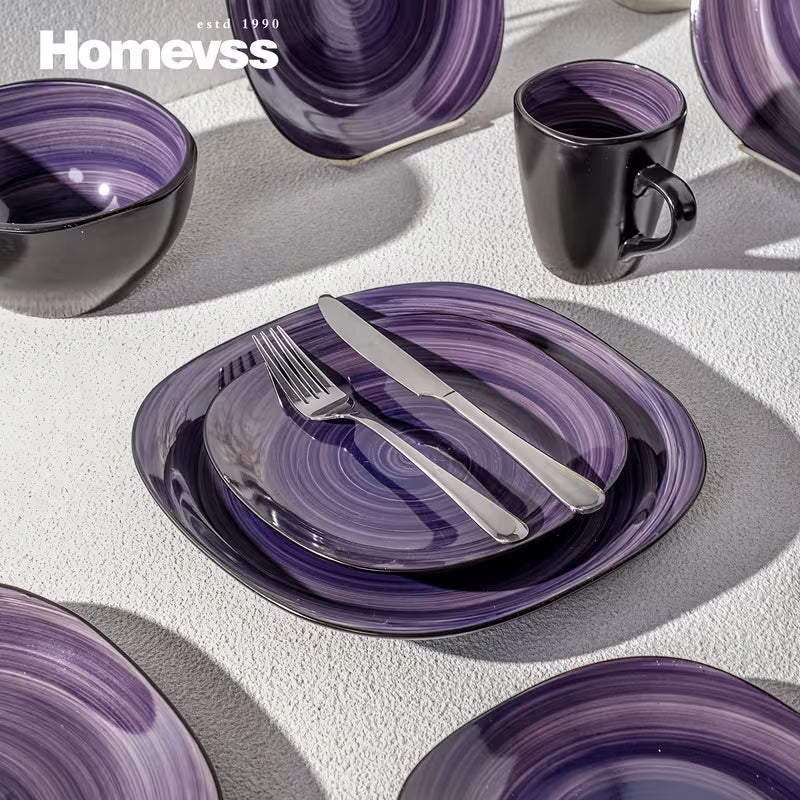 16-Piece Square Stoneware Dinnerware Set with Black Trim