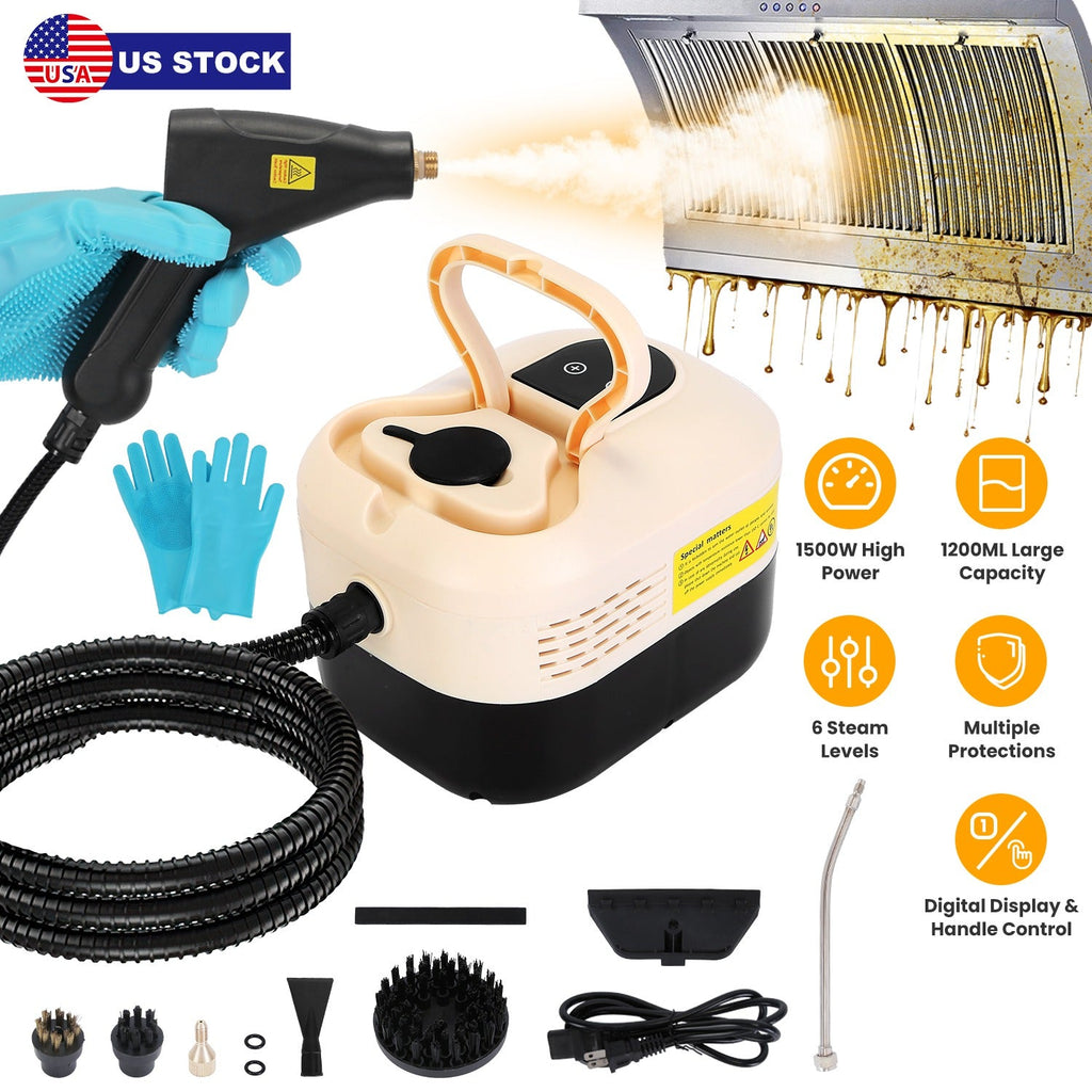 1500W Handheld High Temperature and Pressure Steamer Cleaner with 1200ML Tank 8 Accessories 6 Steam Levels Digital Display Handle Control for Dirt Gre