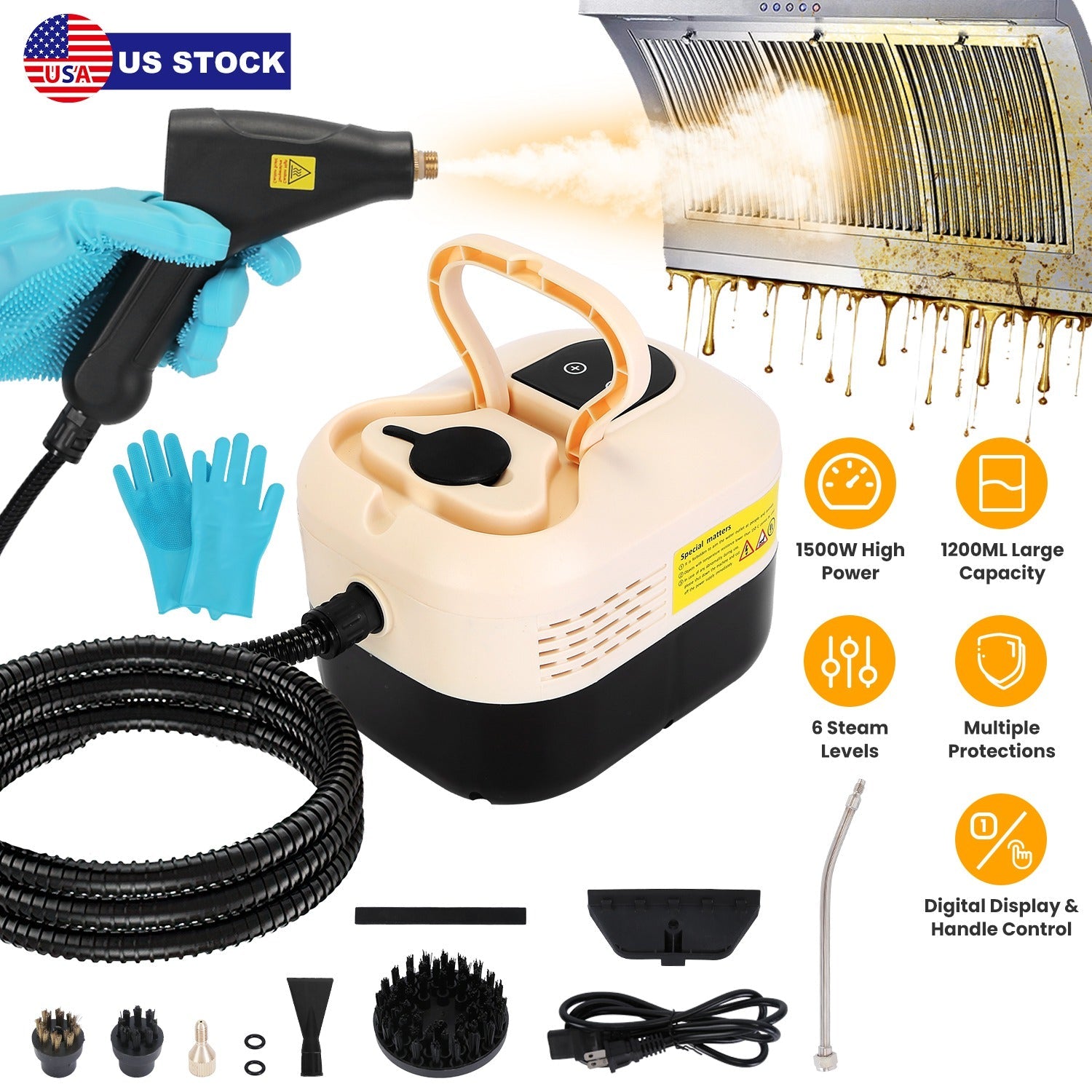 1500W Handheld High Temperature and Pressure Steamer Cleaner with 1200ML Tank 8 Accessories 6 Steam Levels Digital Display Handle Control for Dirt Gre