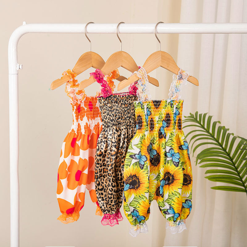 Infant And Toddler Clothing Suspender Top With Waist Tie, Printed Bloomers, Two-piece Set