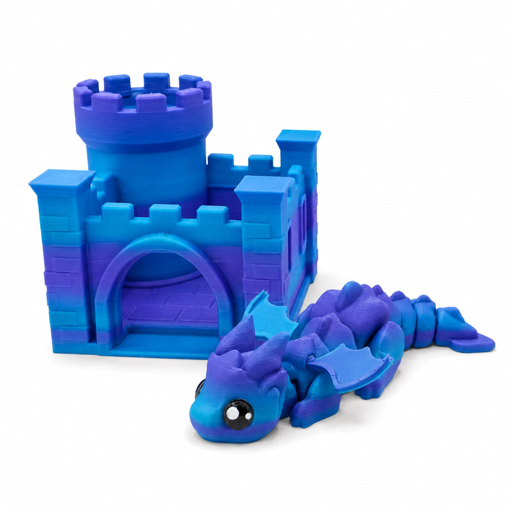 3D Printed Articulated Dragon And Castle Set, Cute Movable Flying Dragon Figure With Mini Castle, Desk Decor Fidget Toy Gift For Kids And Adults