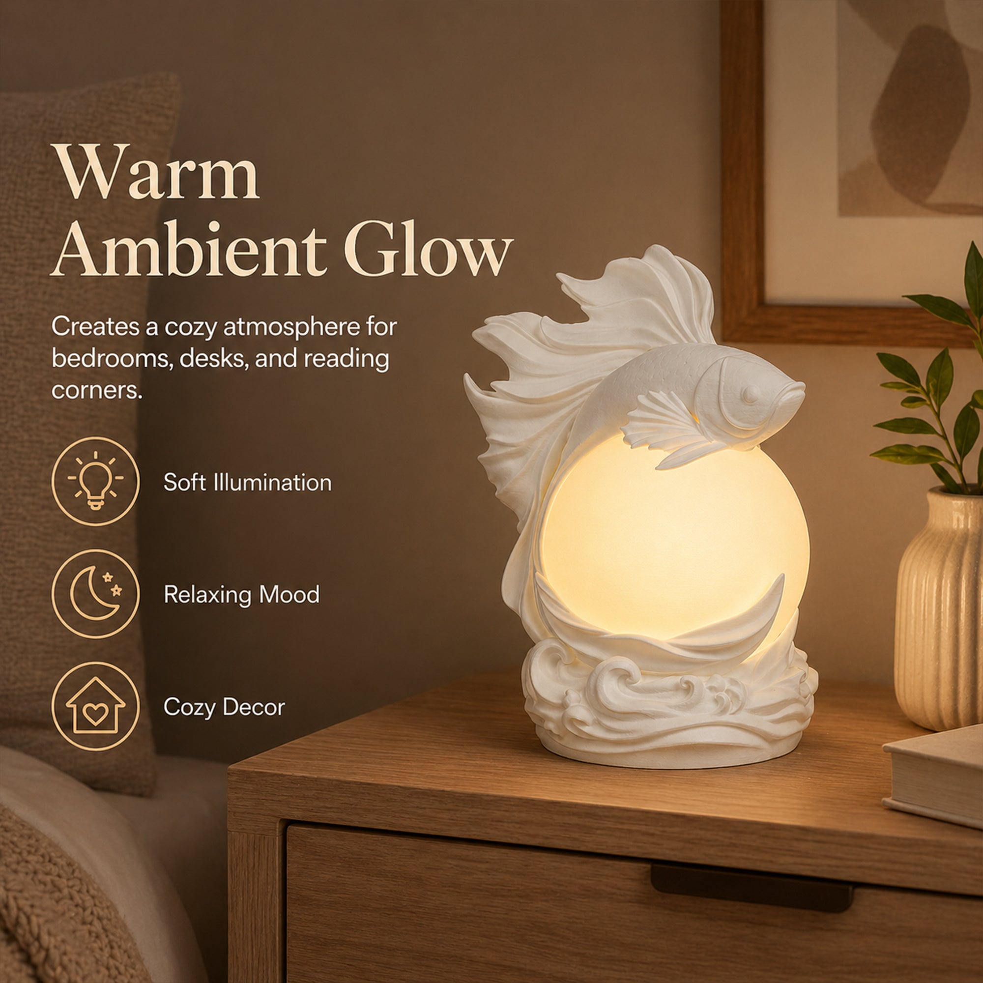 3D Printed Betta Fish Ambient Table Lamp, Sculptural Fish Night Light With Warm Glow, Decorative Desk Lamp For Bedroom Bookshelf Home Decor