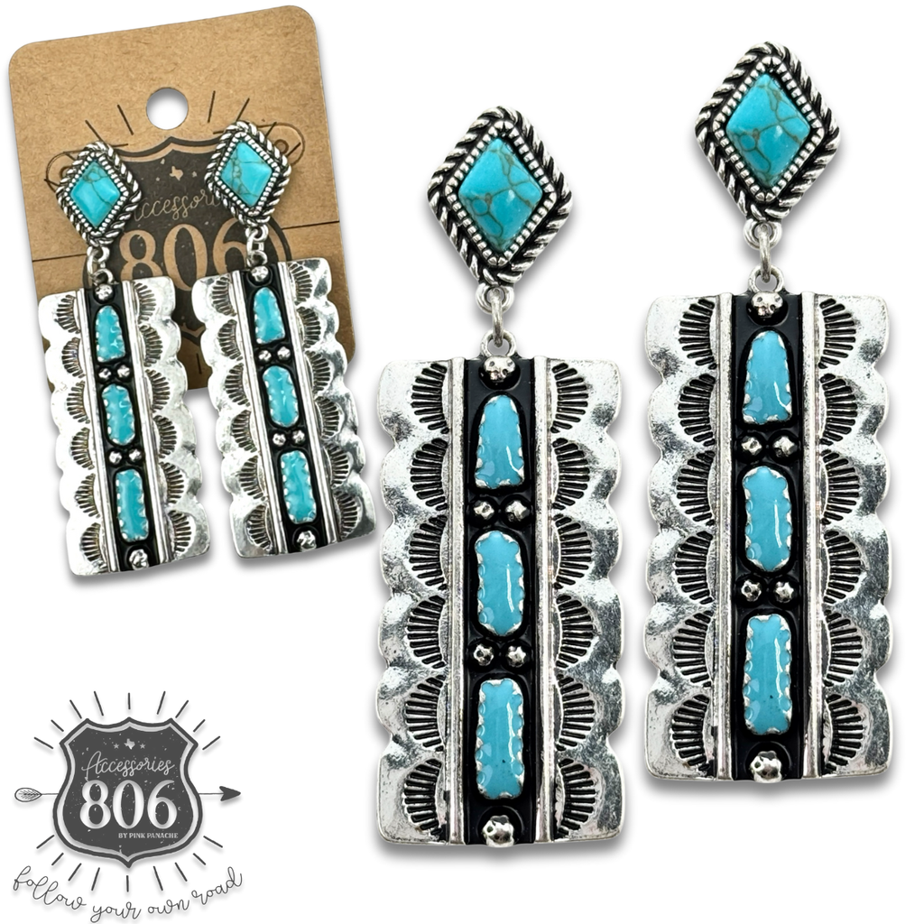 Southwest silver and turquoise rectangle earring