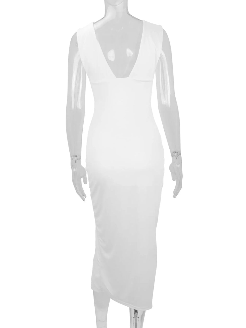 Sleeveless Deep V-Neck Ruched High Slit Bodycon Dress