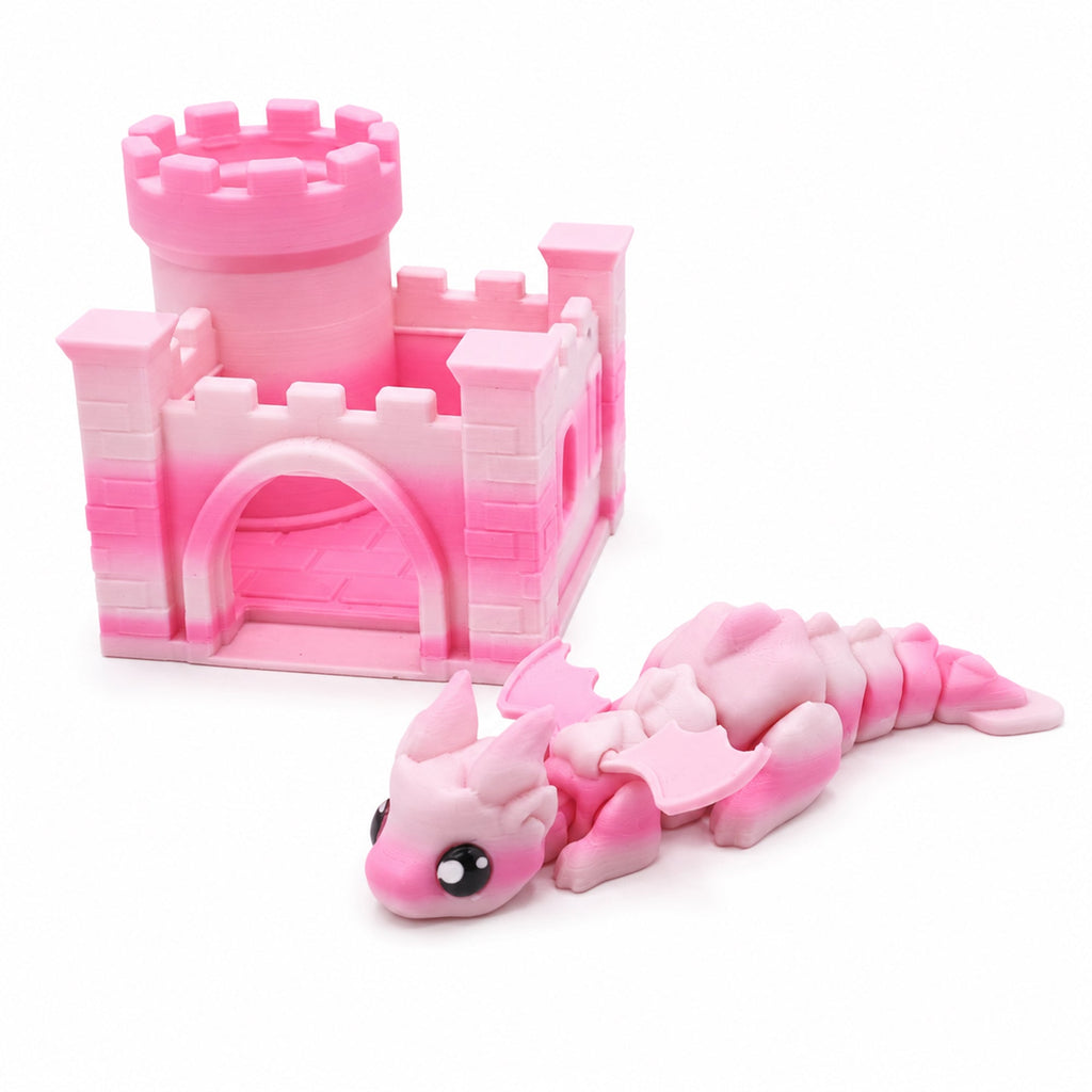 3D Printed Articulated Dragon And Castle Set, Cute Movable Flying Dragon Figure With Mini Castle, Desk Decor Fidget Toy Gift For Kids And Adults