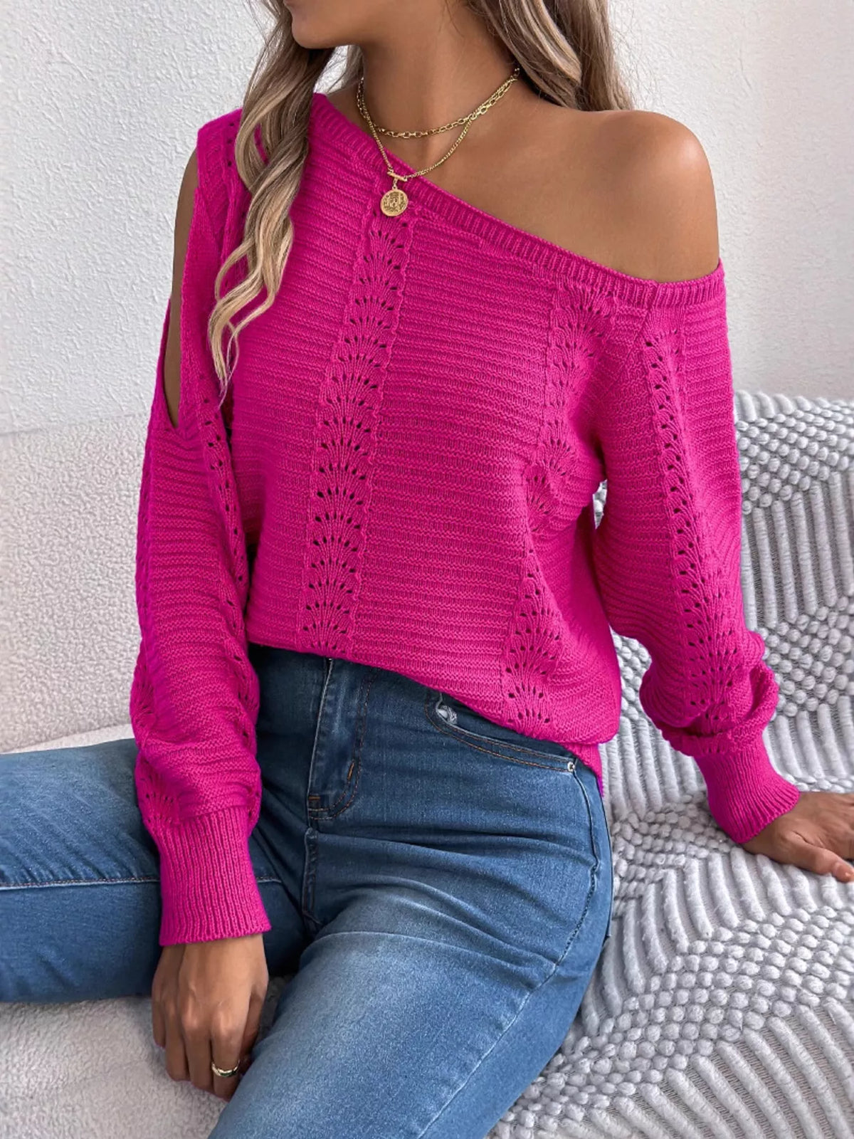 Cold-Shoulder Ribbed Knit Openwork Sweater