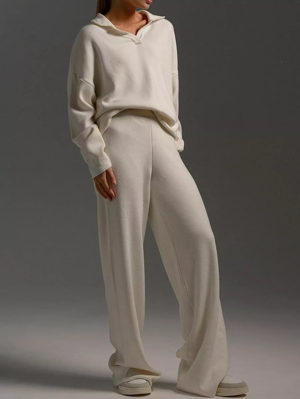Polo Collar Top and Wide-Leg Pants Set