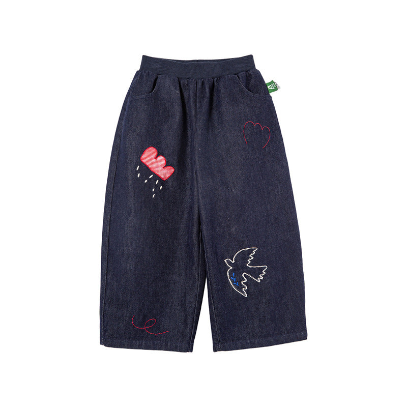 Letter Embroidery Wide Leg Straight Pants Cotton Trousers Spring Autumn