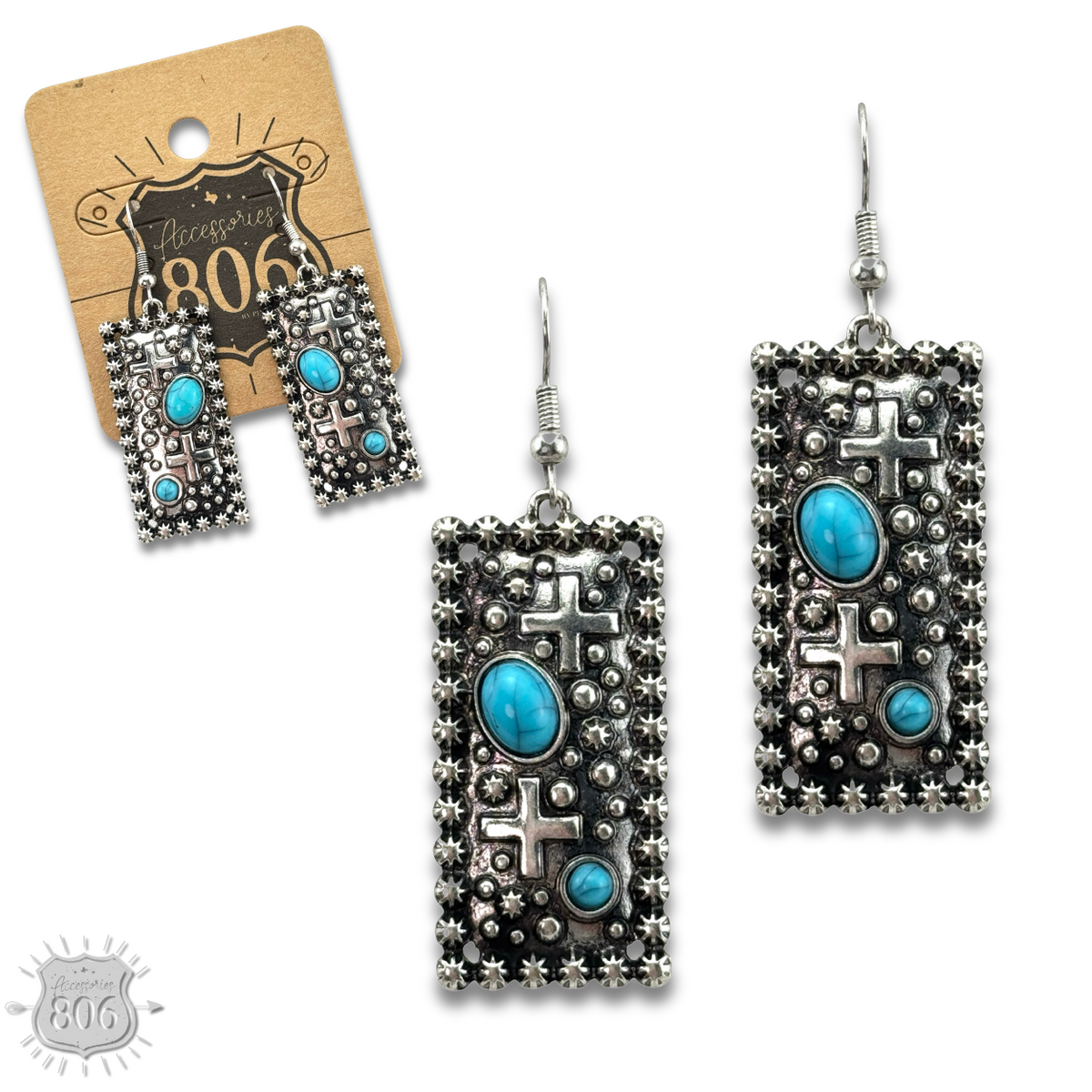 Western style rectangle earring with turquoise features