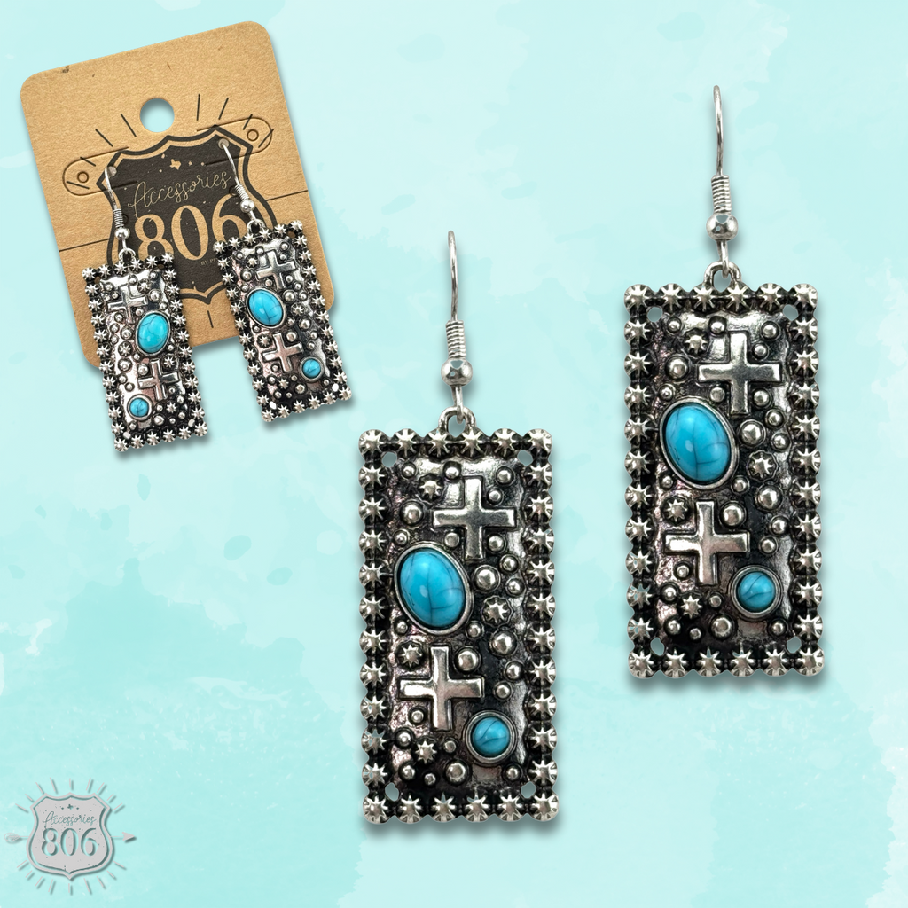 Western style rectangle earring with turquoise features
