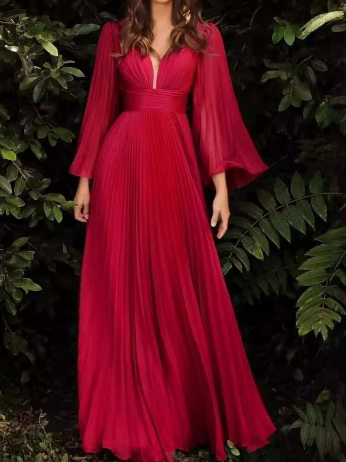 V-Neck Pleated Maxi Dress