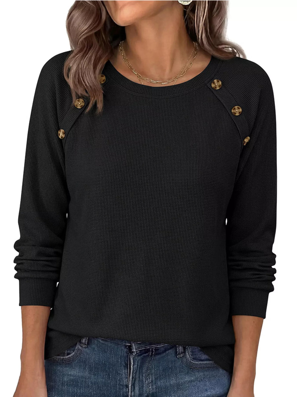 Decorative Button Waffle Knit Long Sleeve T-Shirt