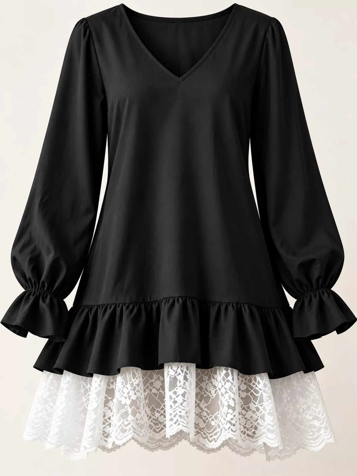Lace Hem V-Neck Flounce Sleeve Dress