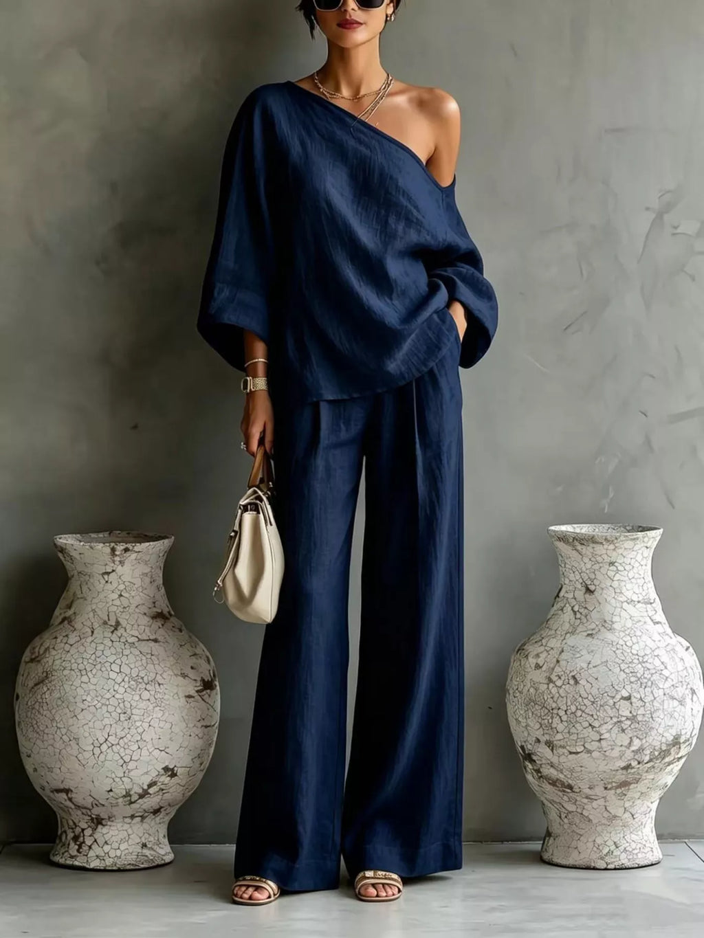 One Shoulder Top and Wide Leg Pants Set