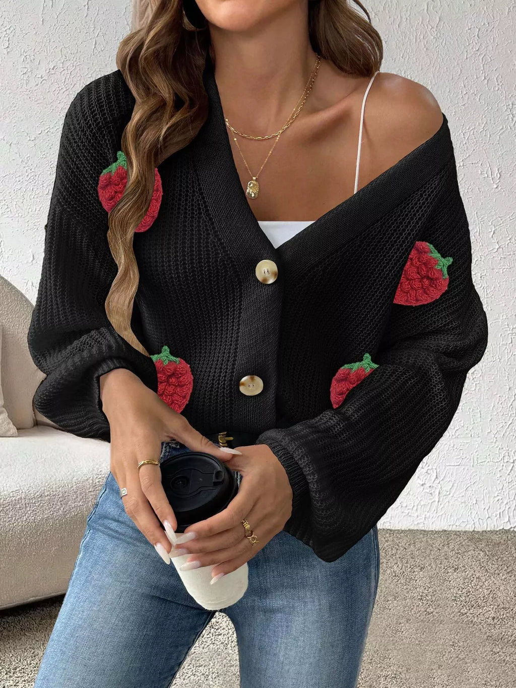 Strawberry Applique Button Up Cardigan
