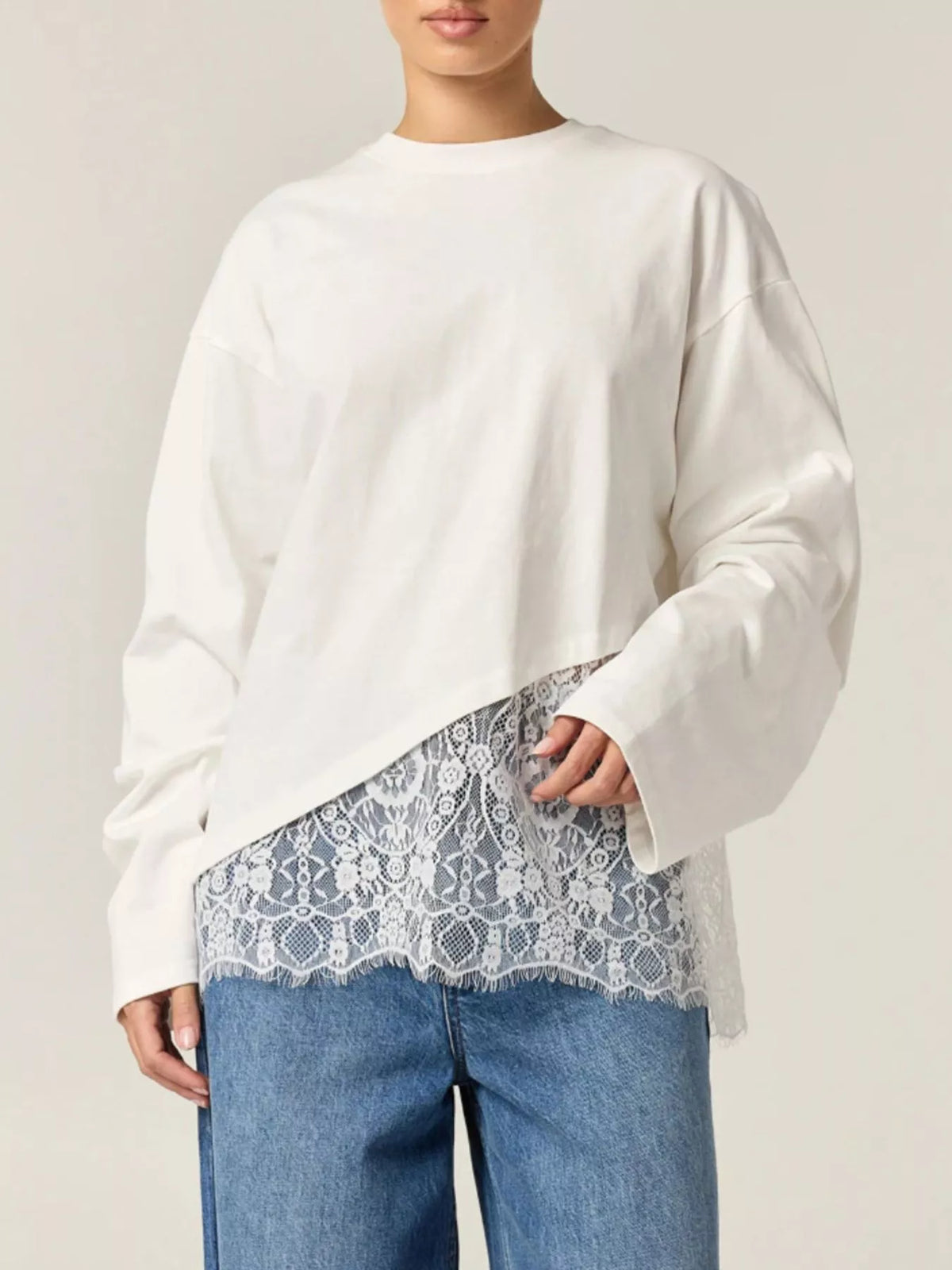 Long-Sleeve T-Shirt with Asymmetric Lace Hem