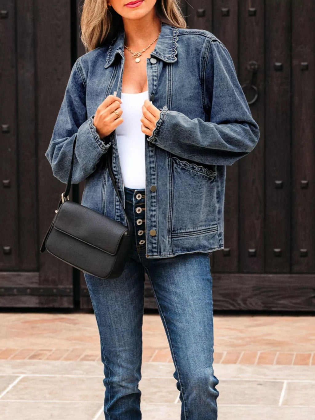 Scallop Trim Collar Patched Pocket Button Up Denim Jacket