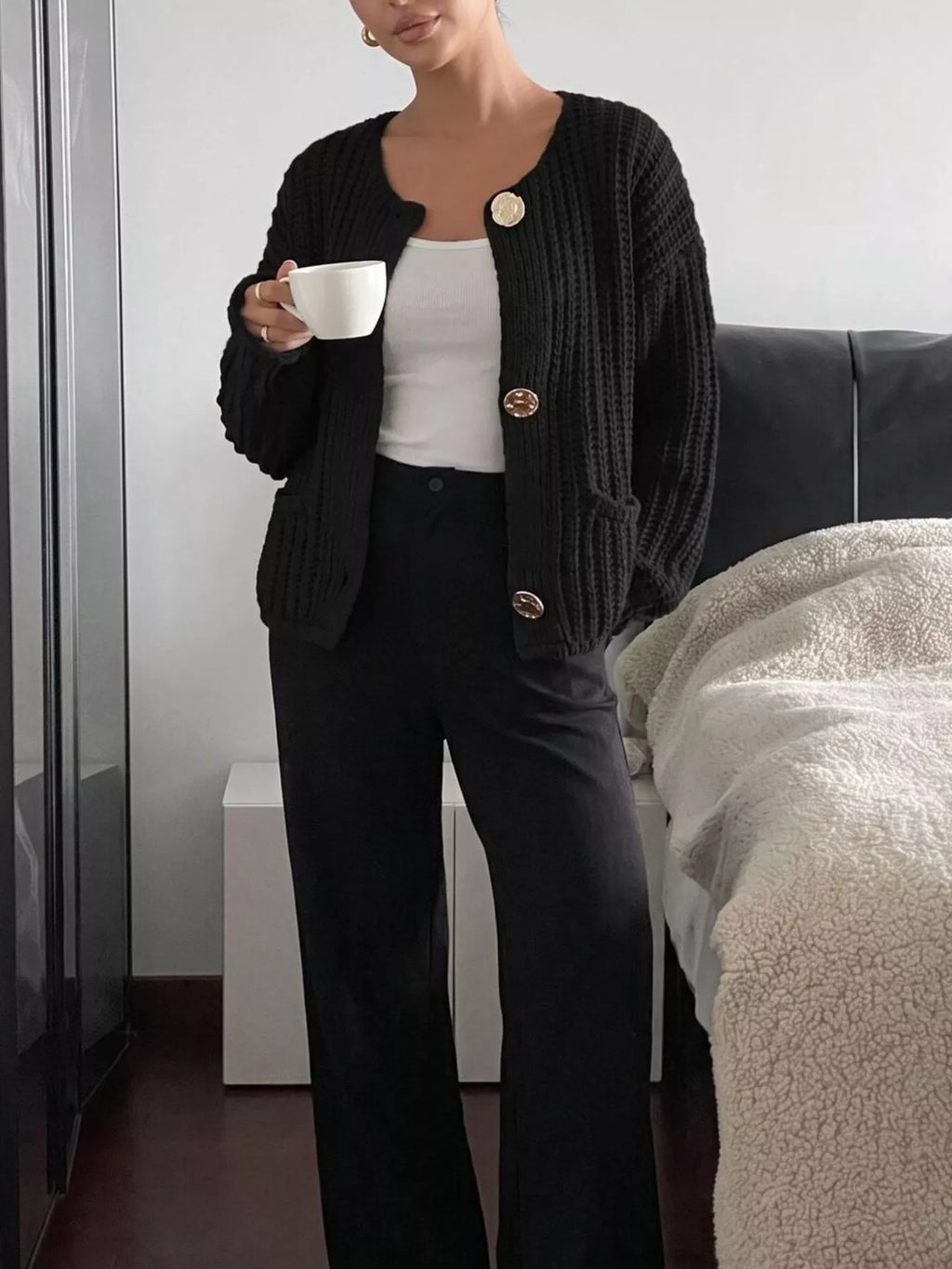 Ribbed Knit Cardigan with Gold-Tone Buttons